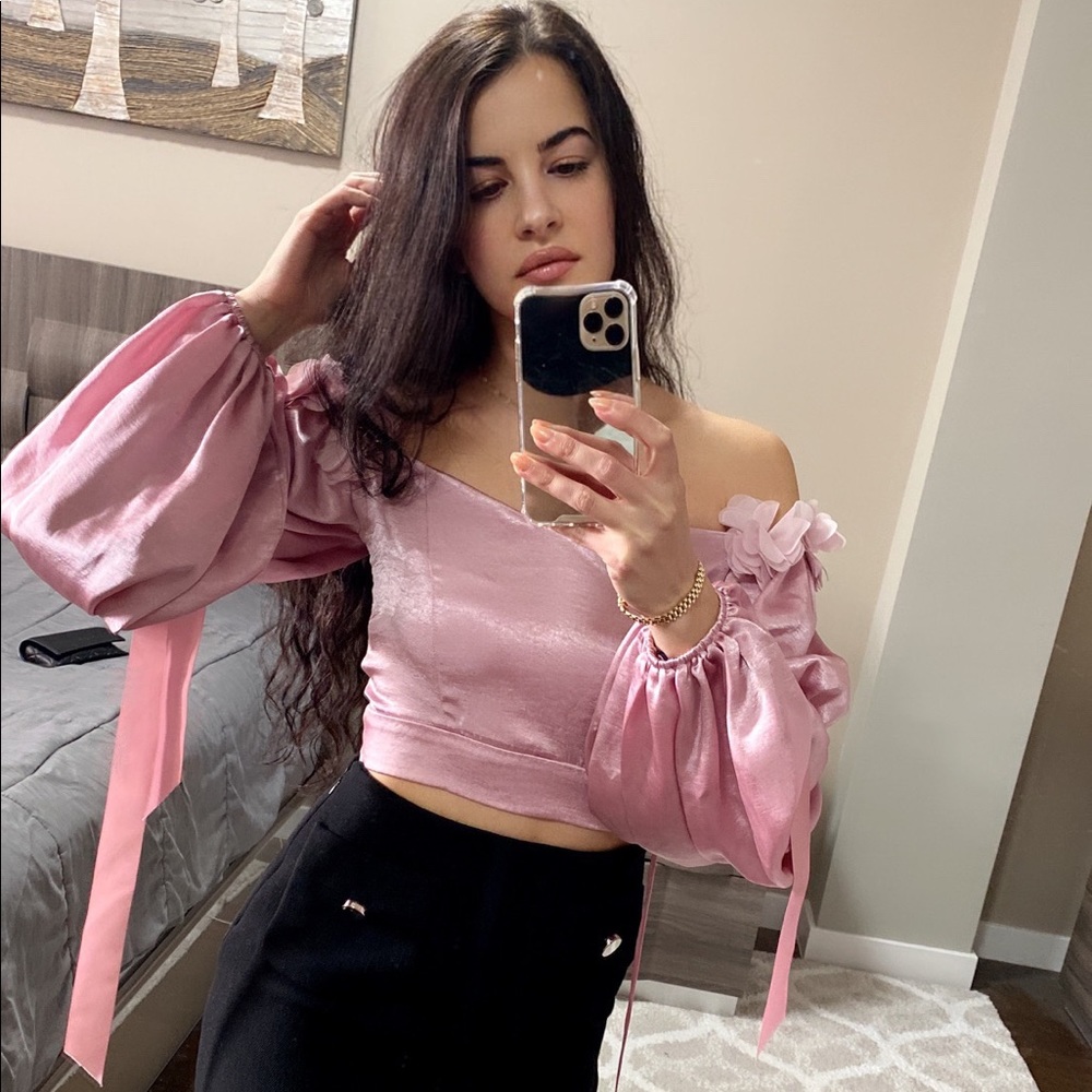 Satin top with floral shoulder & elbow ties